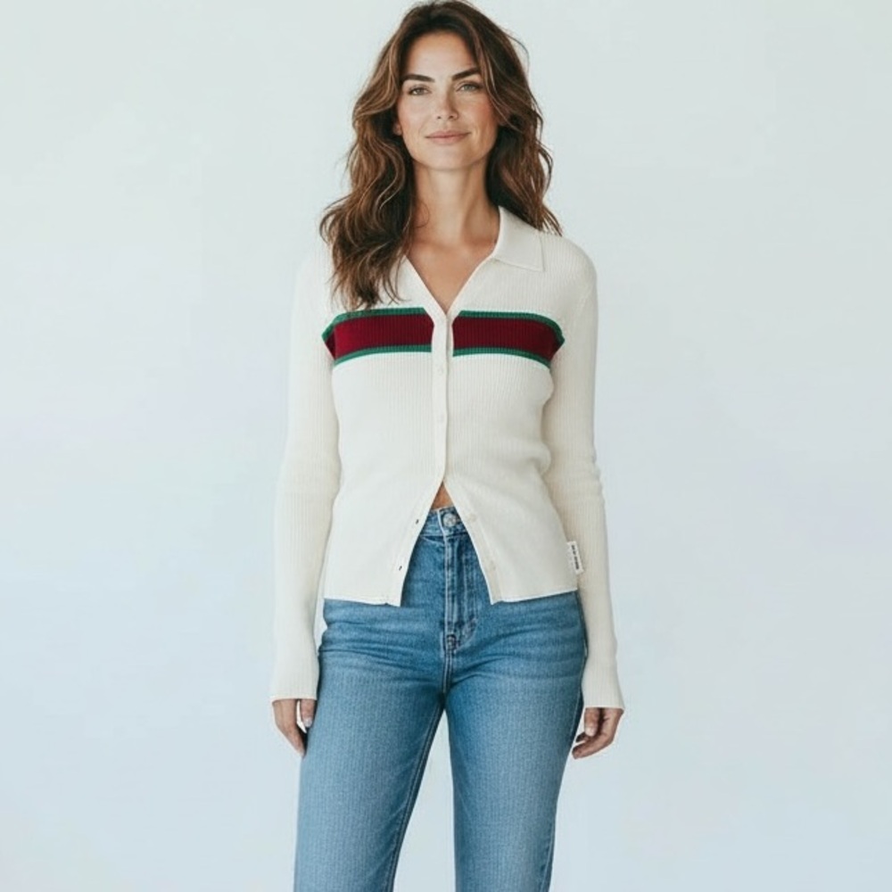 Calvin Klein Cream cotton button down sweater with Red and Green Accents, large